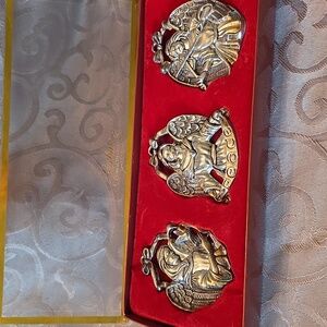 Gorham Set of 3 Silverplated Angel Christmas Ornaments W/ Red Ribbons